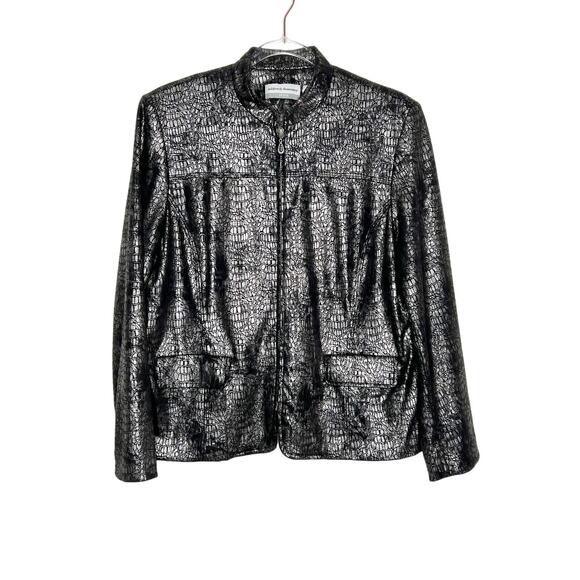 ALFRED DUNNER Petite Metallic Snakeskin Full Zip Up Jacket Black Silver Size 12P - Picture 2 of 9